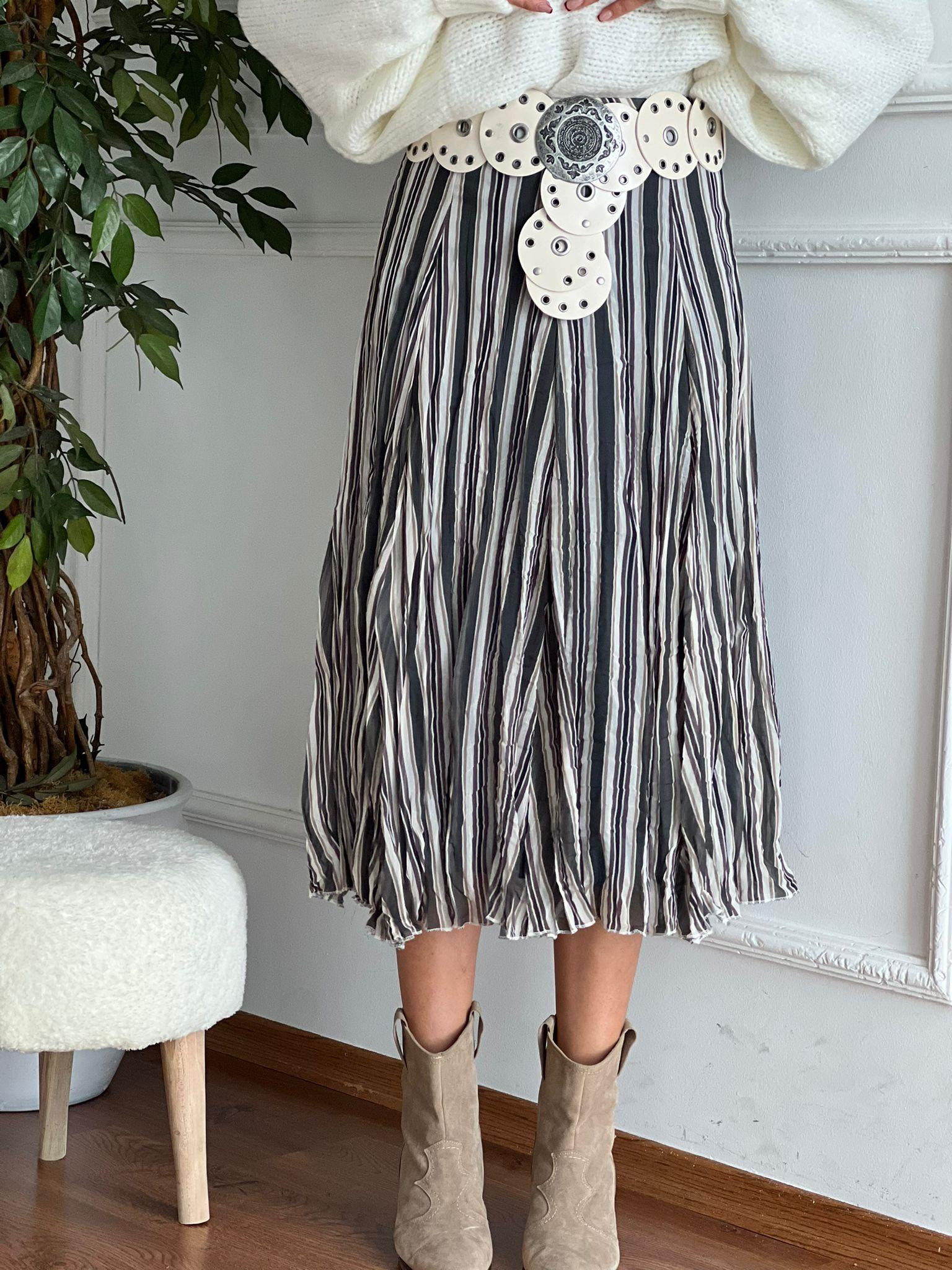 Çizgili Midi Etek 26-2209 Ekru