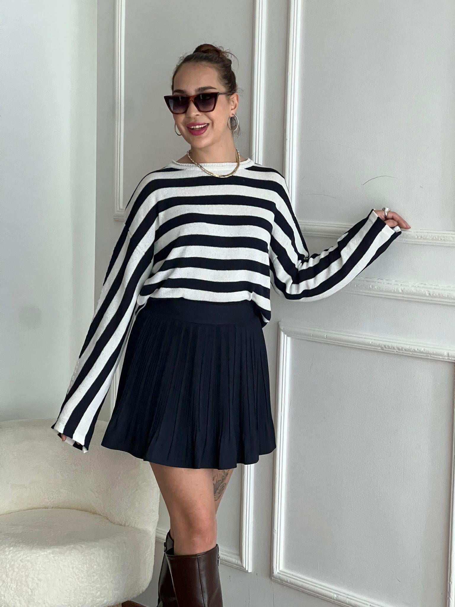 Çizgili Triko Bluz 01838 Siyah