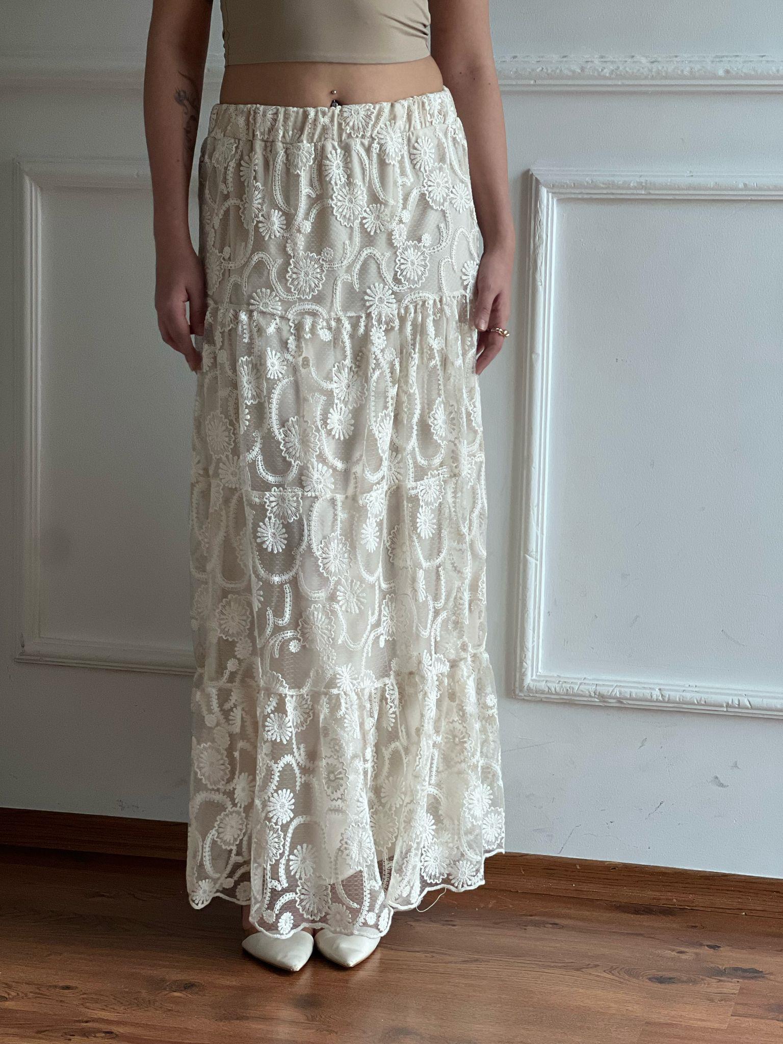 Dantel Çiçek Desenli Uzun Etek 25126 Bej