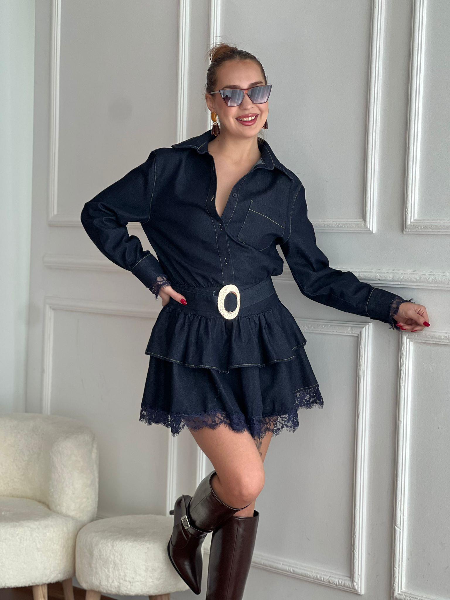 Dantel Detaylı Denim Elbise 35524-35544 Lacivert