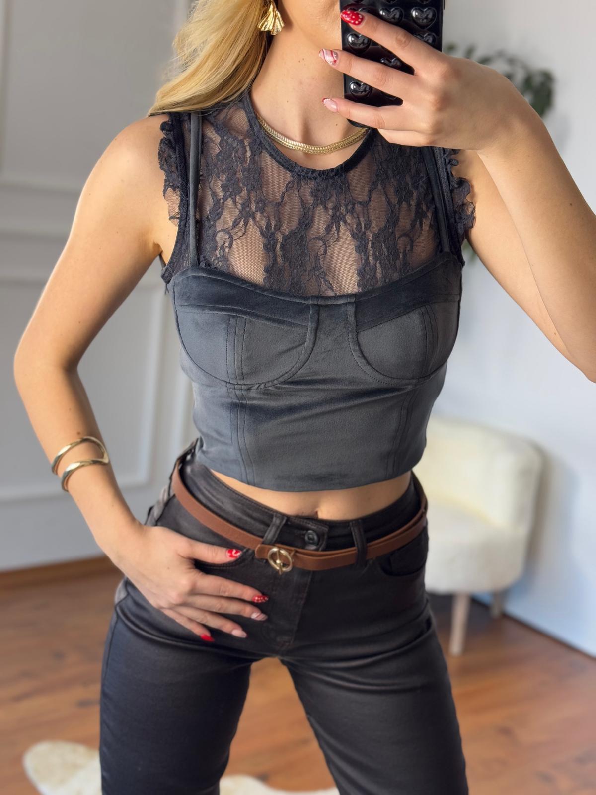 Dantel Detaylı Kadife Bluz 2045 Antrasit