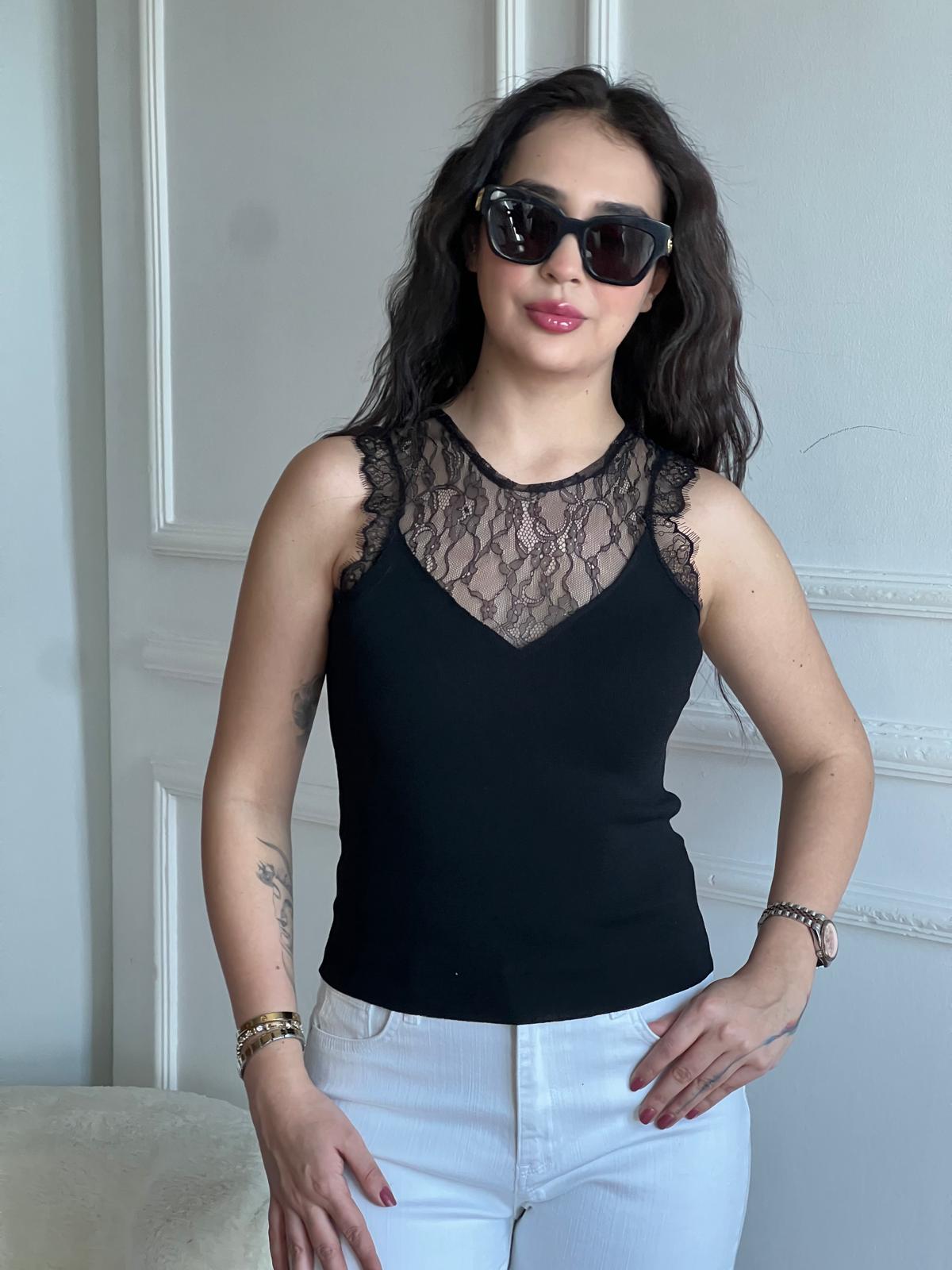 Dantel Detaylı Triko Garnili Bluz 2679 Siyah