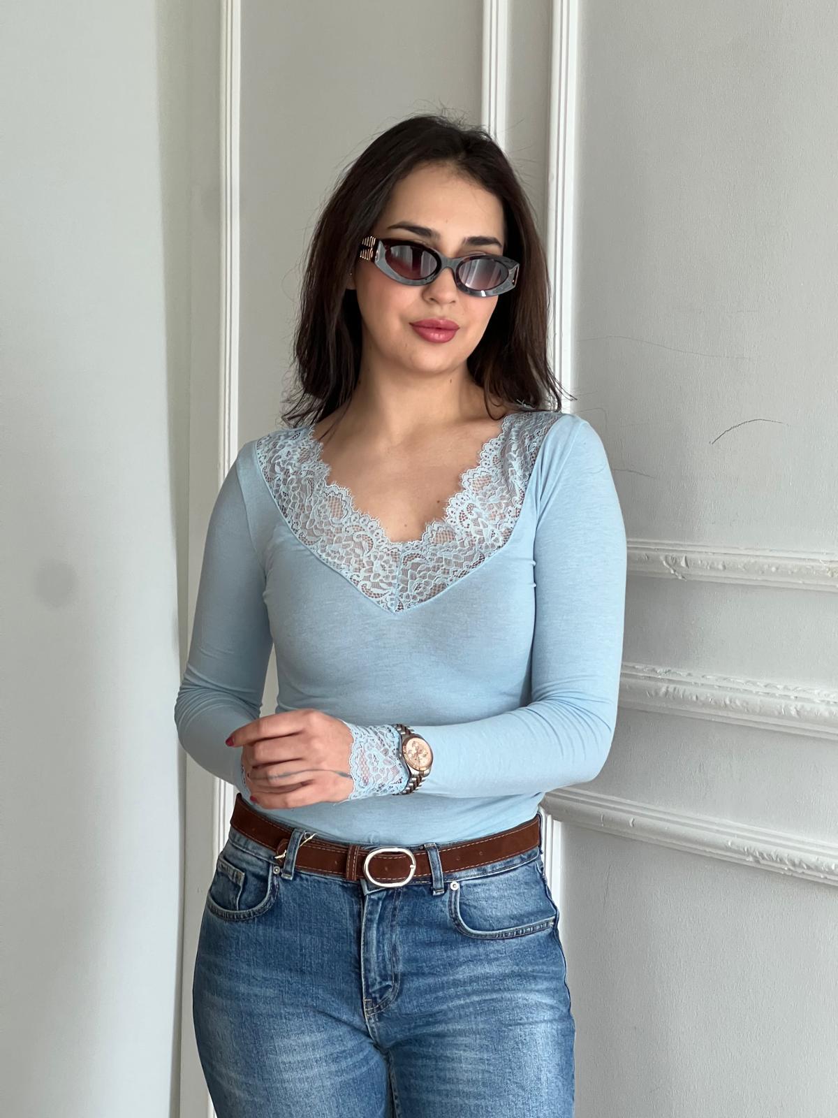 Dantel Detaylı V Yaka Tshirt 26-2279 Mavi