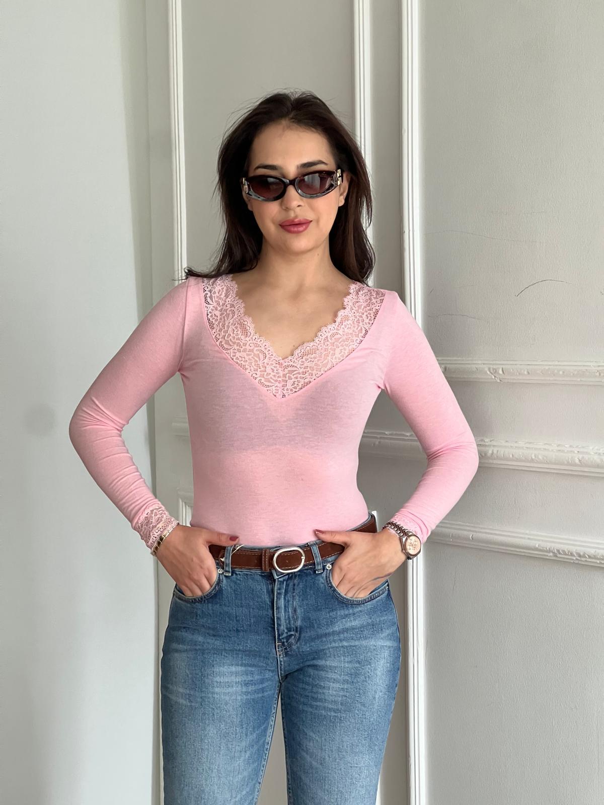 Dantel Detaylı V Yaka Tshirt 26-2279 Pembe