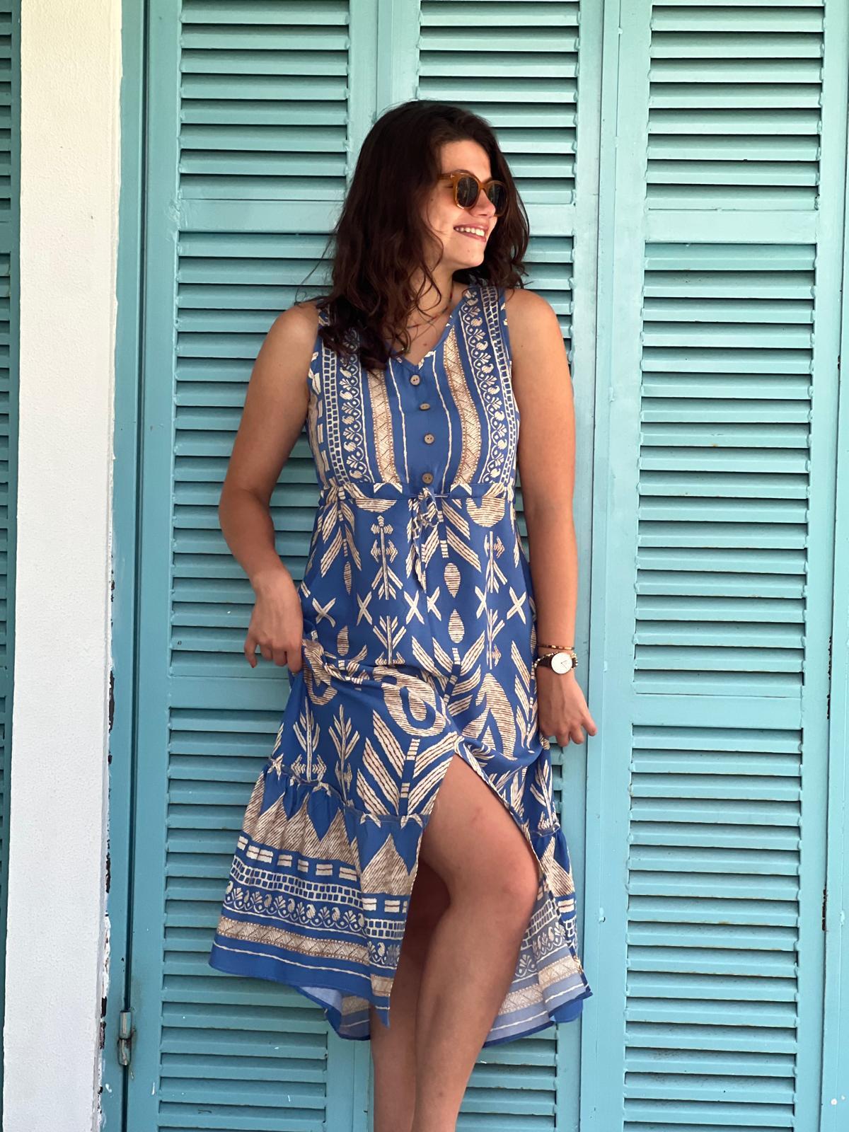 Desenli Elbise 17801 Koyu Mavi