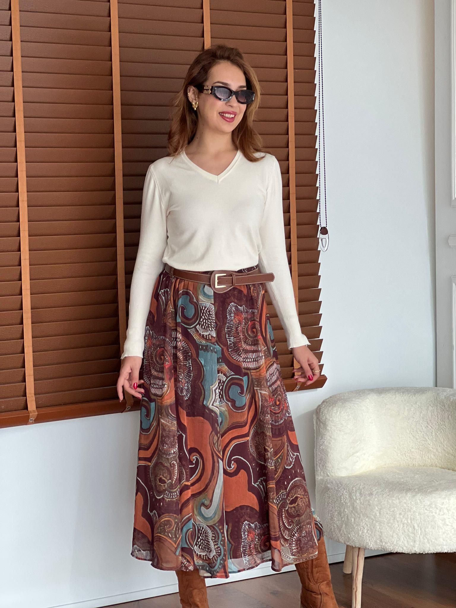 Desenli Kemerli Şifon Etek 2239 Kahverengi