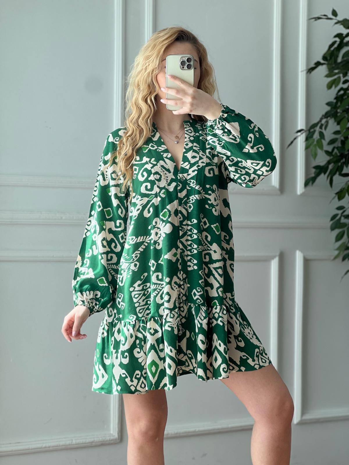 Desenli Kısa Elbise 00755 Yeşil
