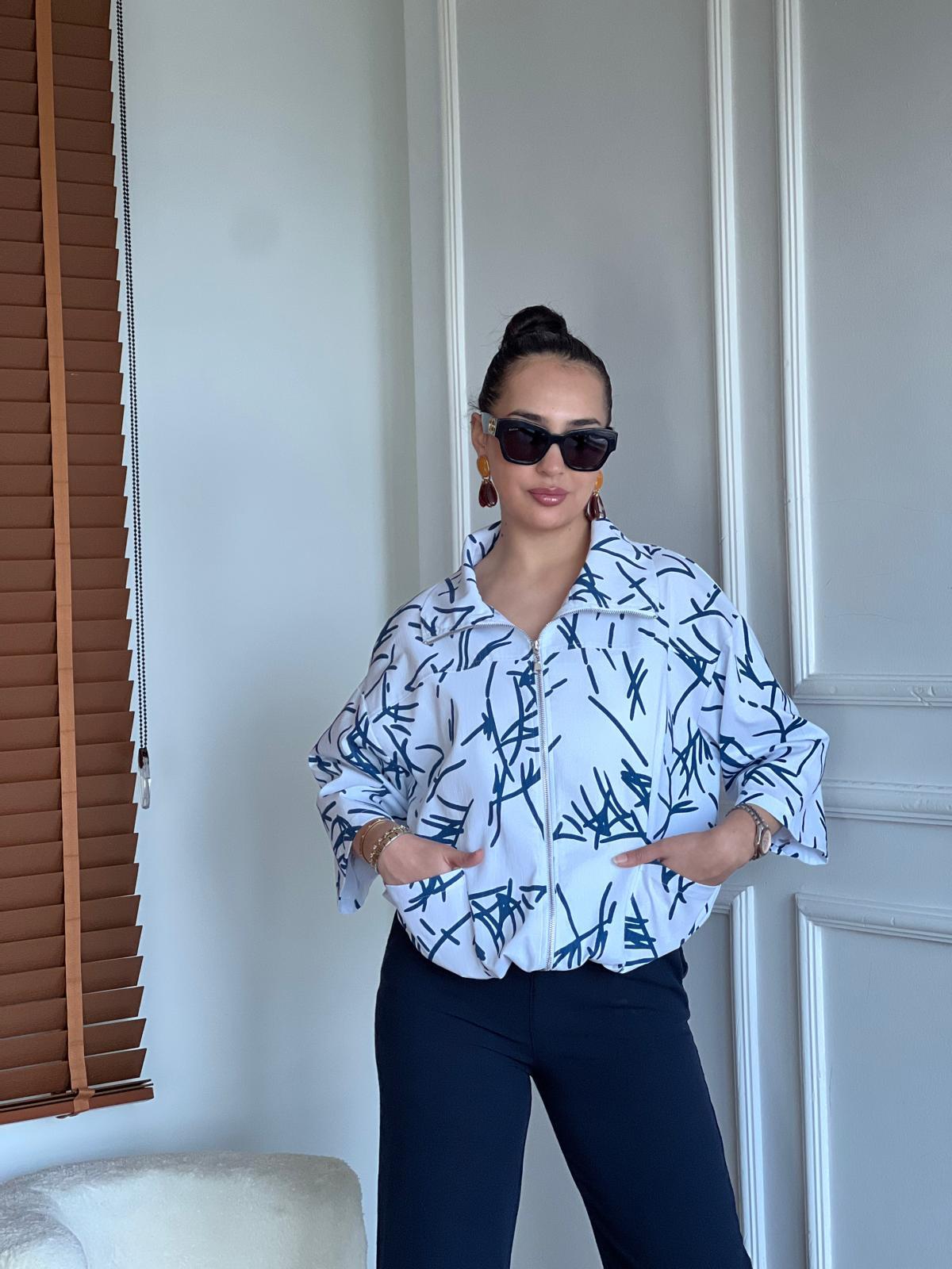 Desenli Salaş Ceket 4068 Beyaz