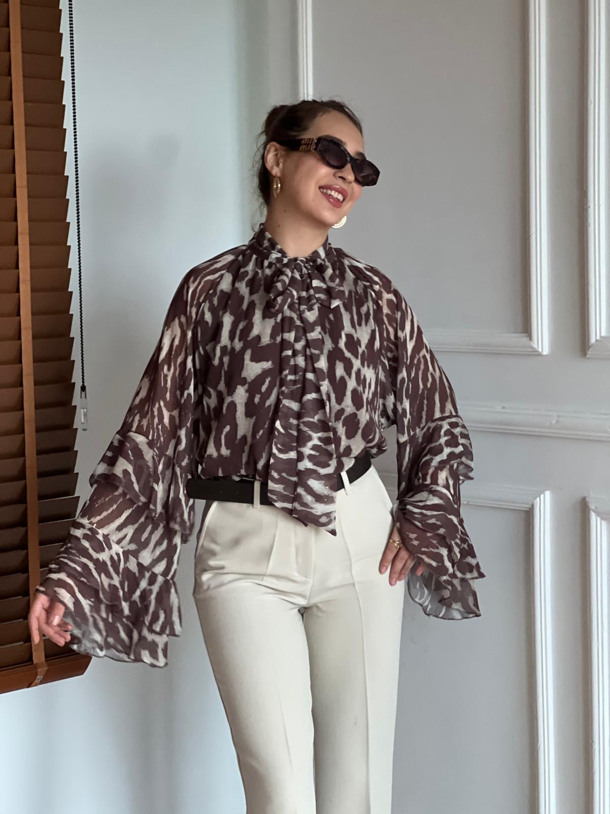 Desenli Şifon Bluz 5024 Kahverengi