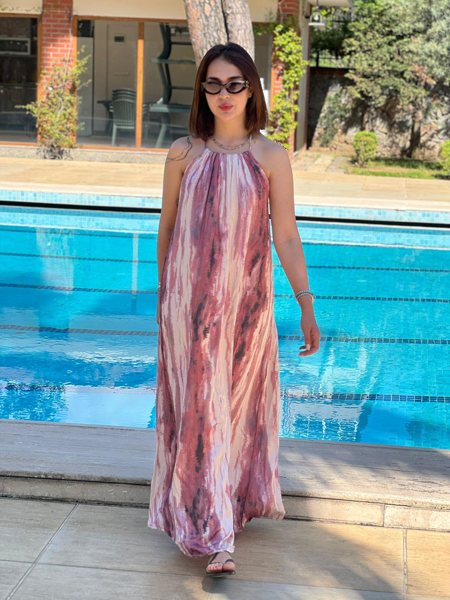Desenli Sırt Dekolteli Elbise 251076 Pembe