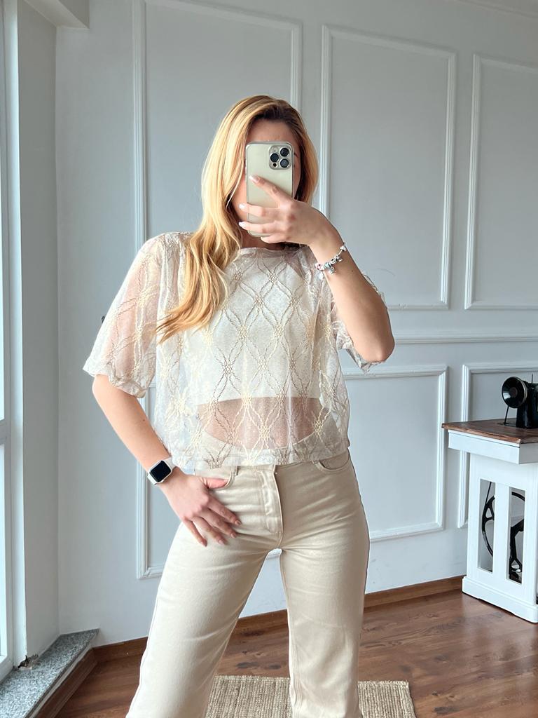 Desenli Tül Bluz 28488 Gold