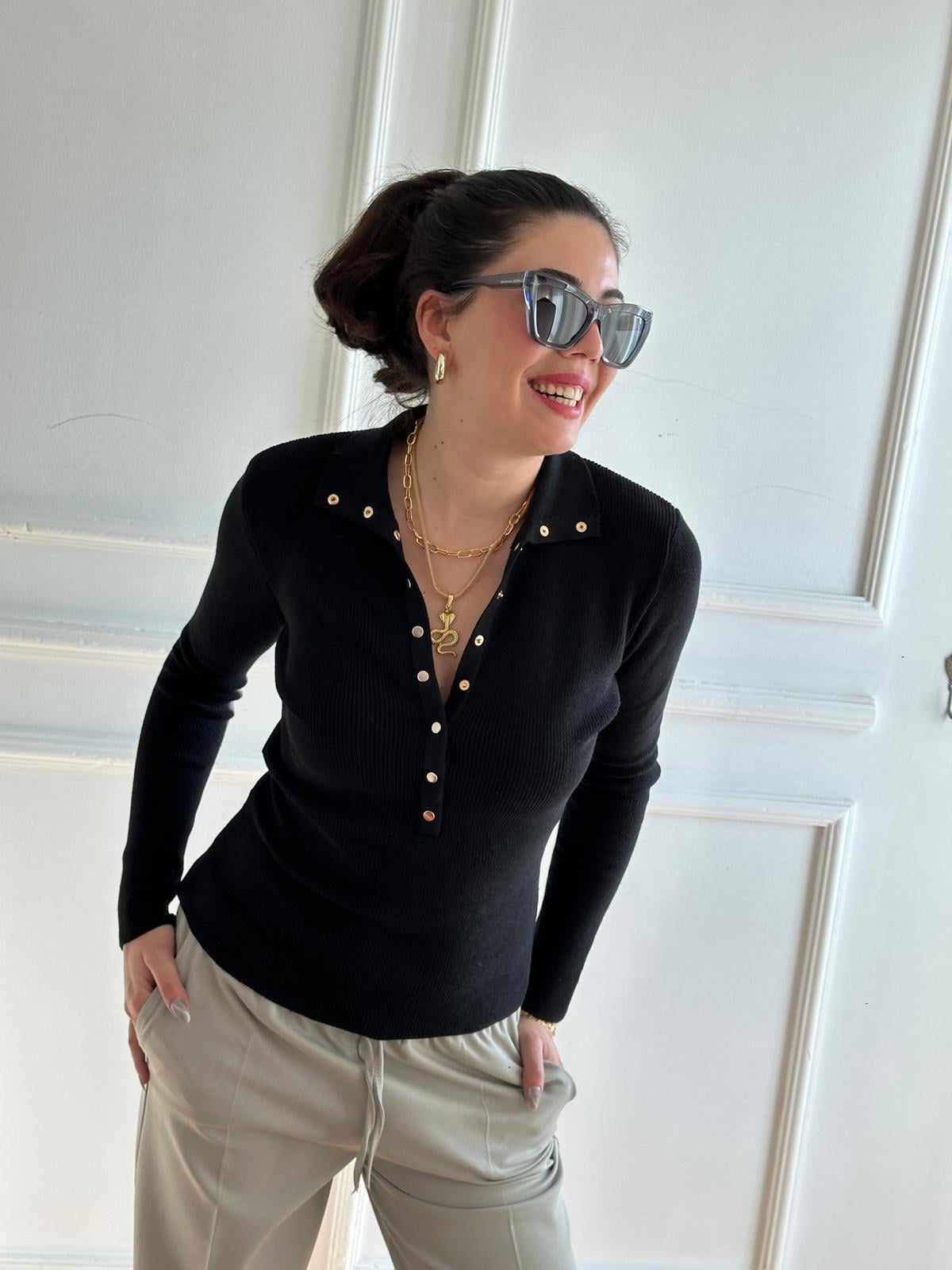 Dik Yaka Çıtçıtlı Triko Kazak 10686 Siyah