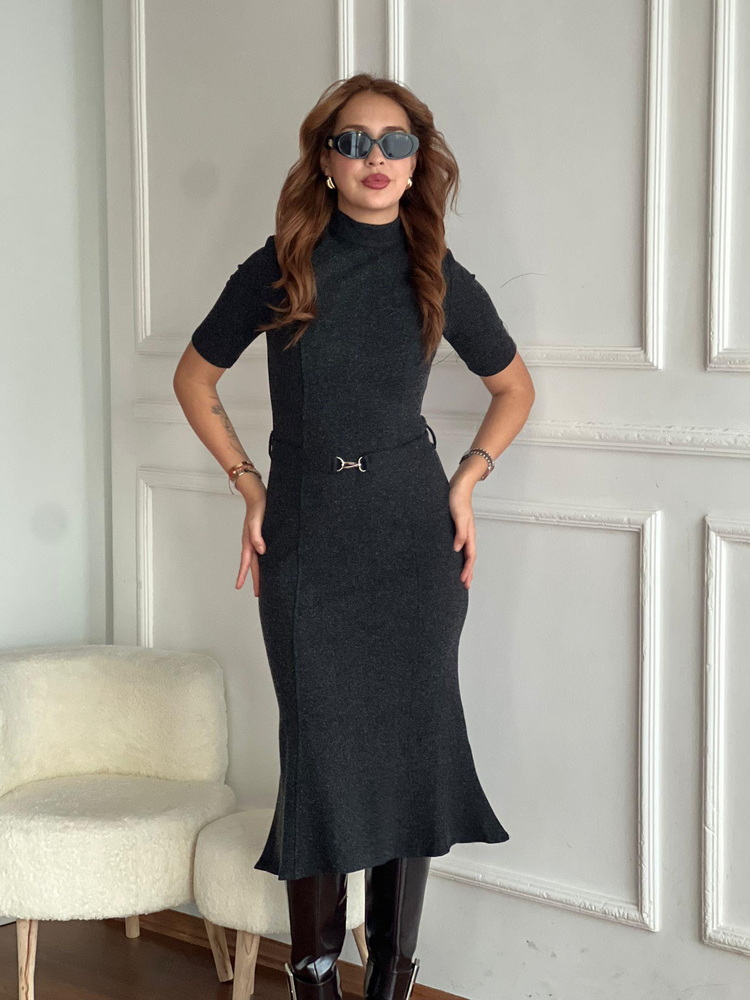 Dik Yaka Kısa Kol Kemerli Elbise 17297 Antrasit