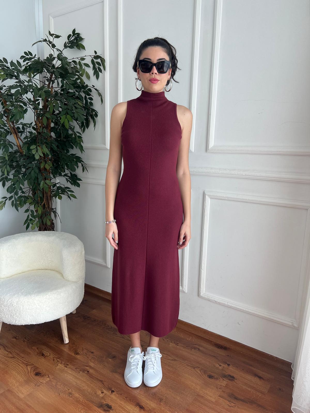 Dik Yaka Triko Elbise 90239 Bordo