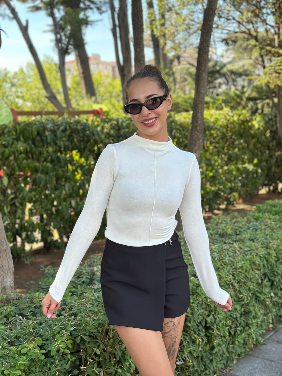 Dik Yaka Uzun Kollu Bluz 31391 Ekru