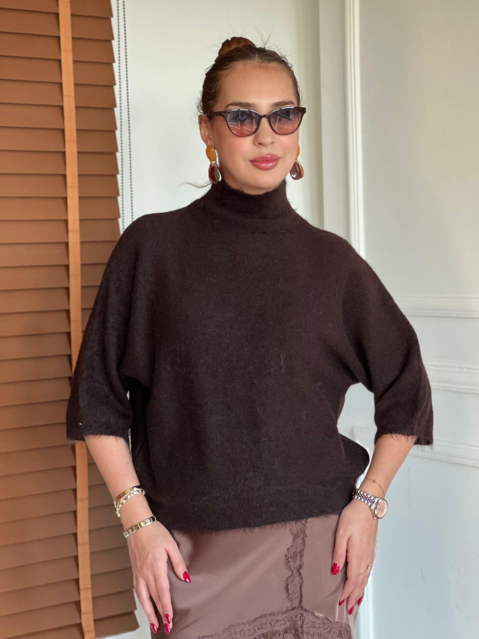 Dik Yaka Yumuşak Dokulu Kazak 10851 Kahverengi