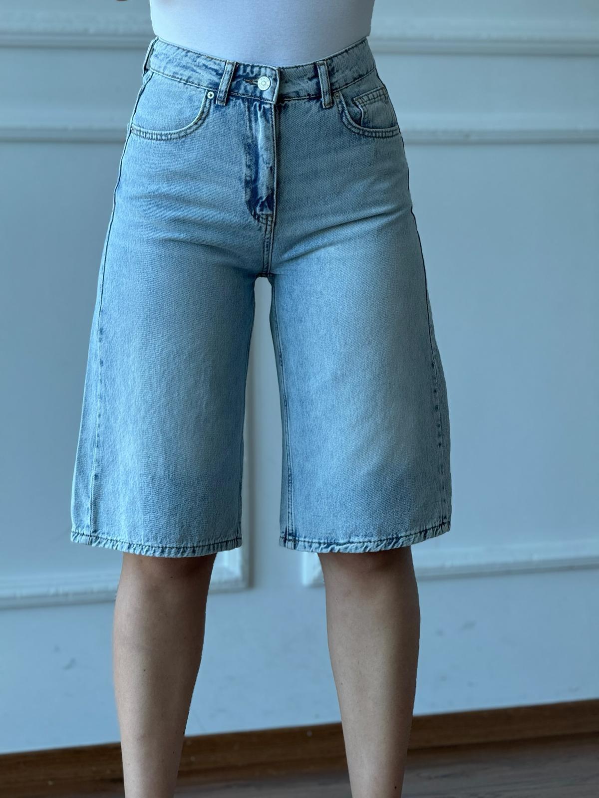 Dökümlü Kumaş Denim Kapri 71675 Mavi