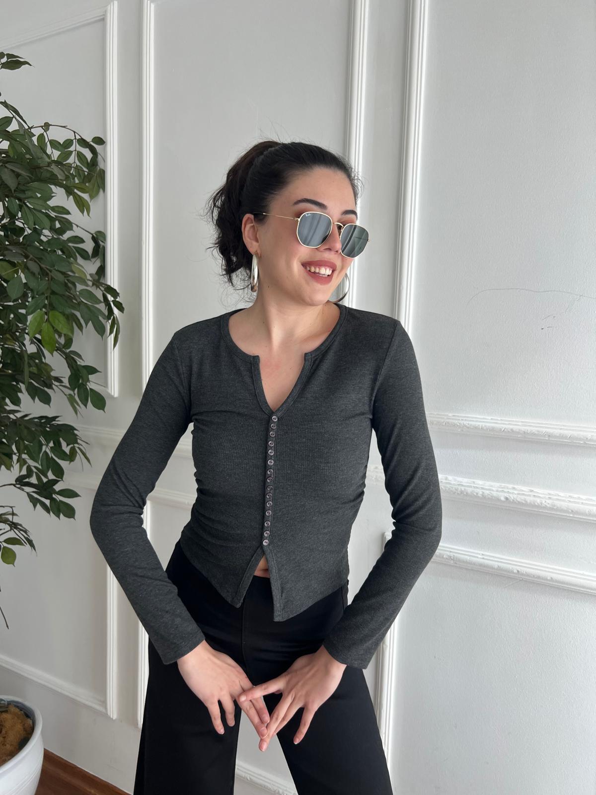 Düğme Detaylı Büzgülü Bluz 31548 Antrasit