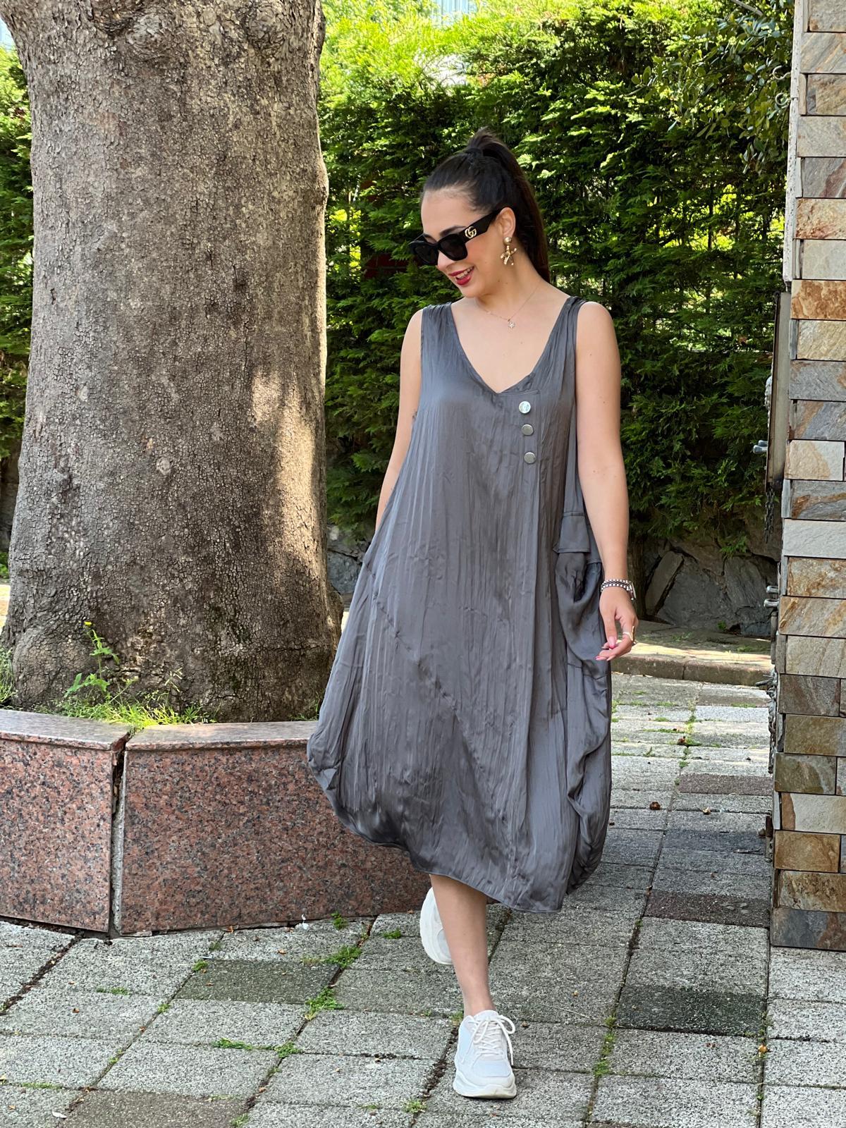 Düğme Detaylı Elbise 29512 Füme