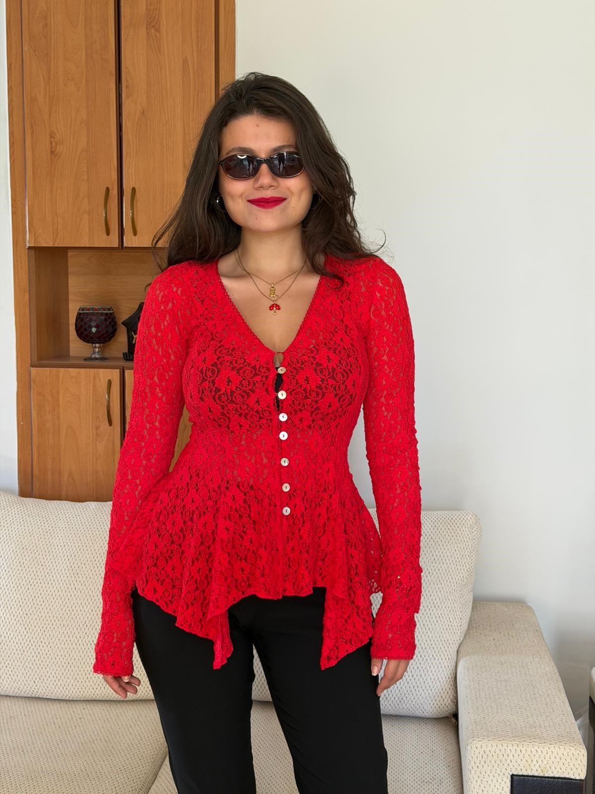 Düğmeli Peplum Dantel Hırka 60433 Kırmızı