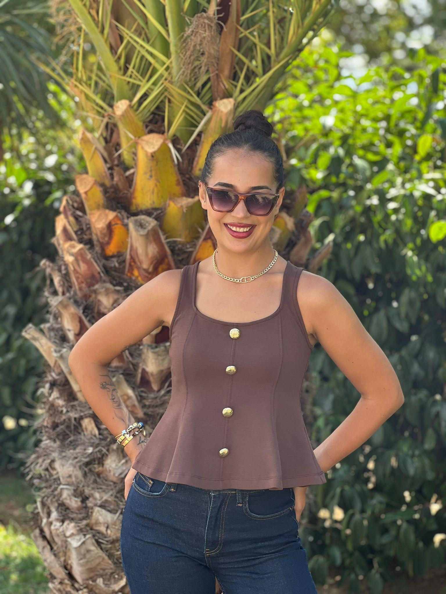 Düğmeli Sıfır Kol Bluz 31979 Kahverengi