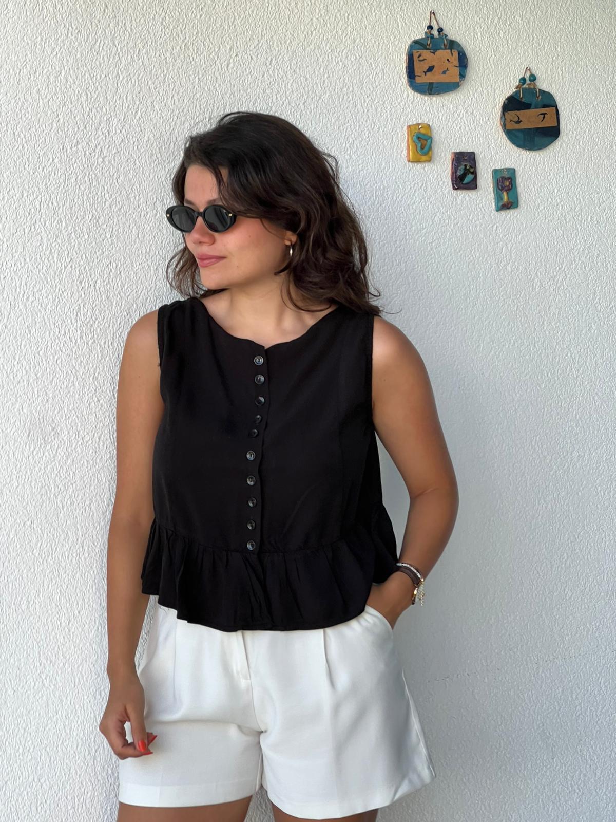 Düğmeli Tensel Bluz 2448 Siyah