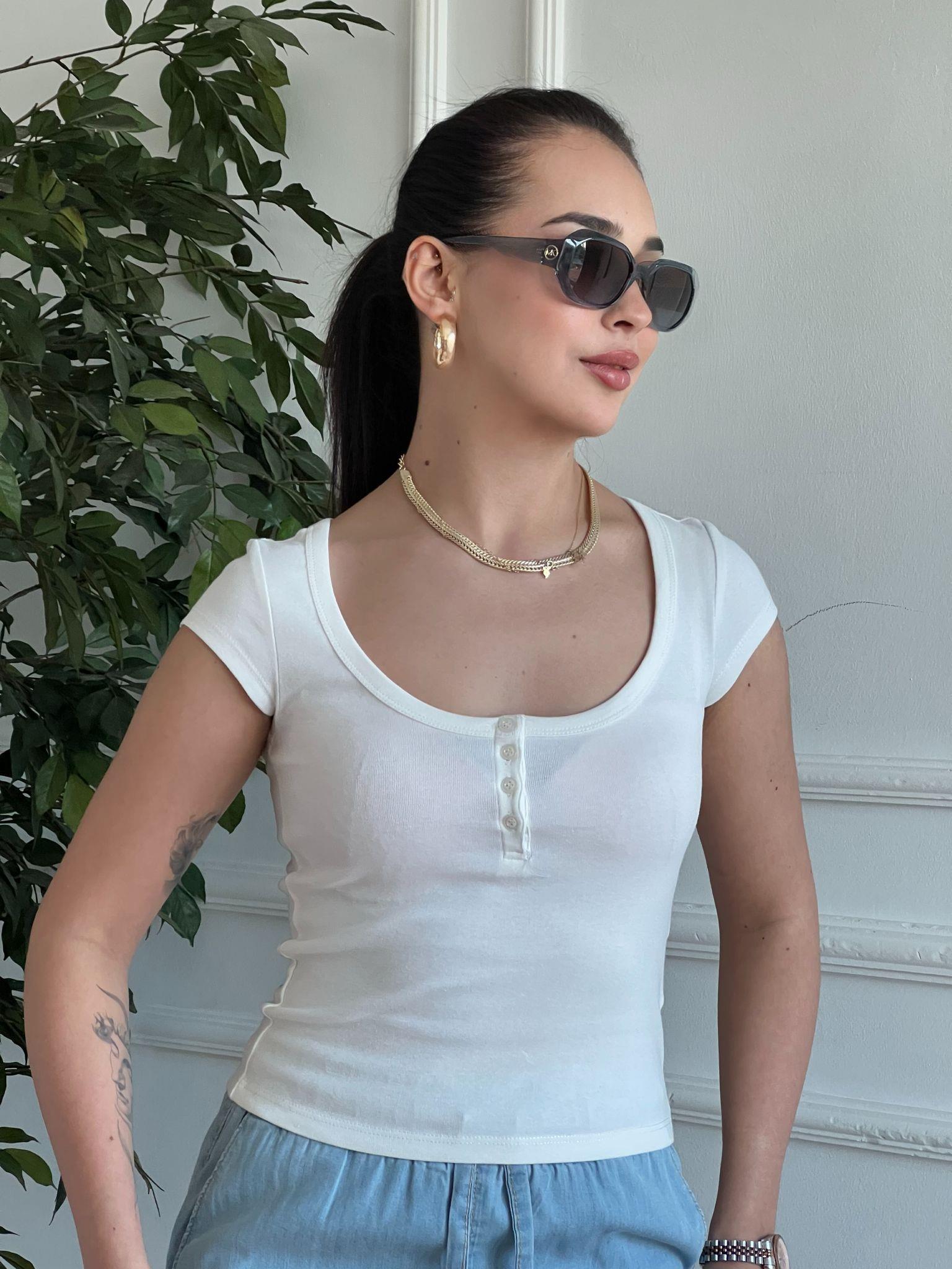Düğmeli Tshirt 16726 Ekru