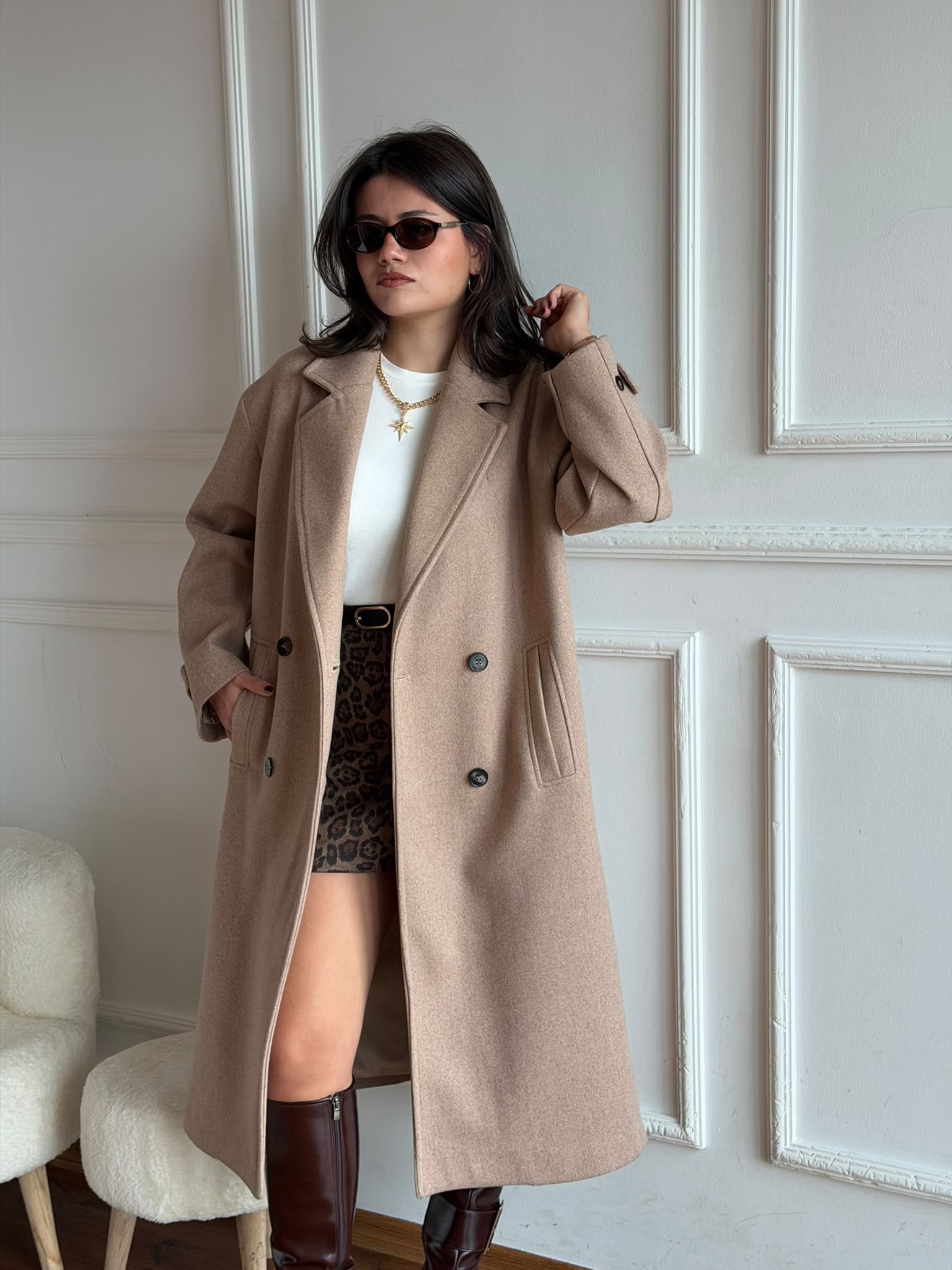 Düğmeli Uzun Kaşe Kaban 02865 Camel