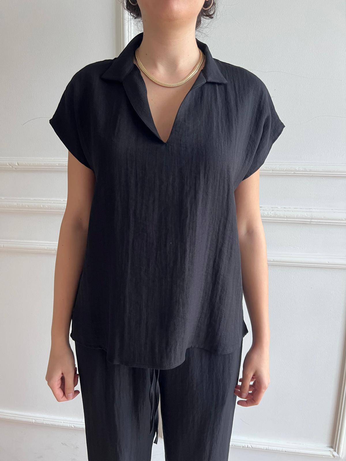 Düşük Kollu Polo Yaka Bluz 25031 Siyah