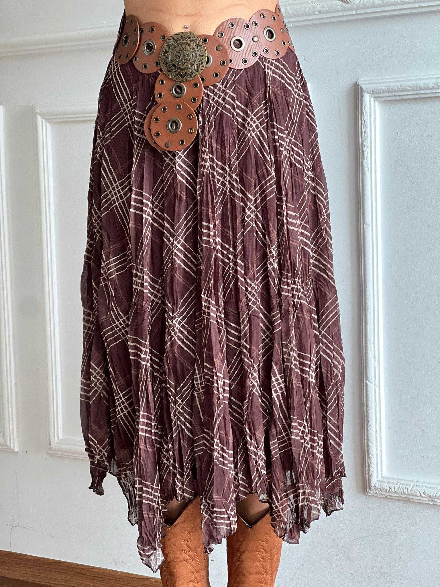 Ekose Desenli Asimetrik Etek 26-2210 Kahverengi