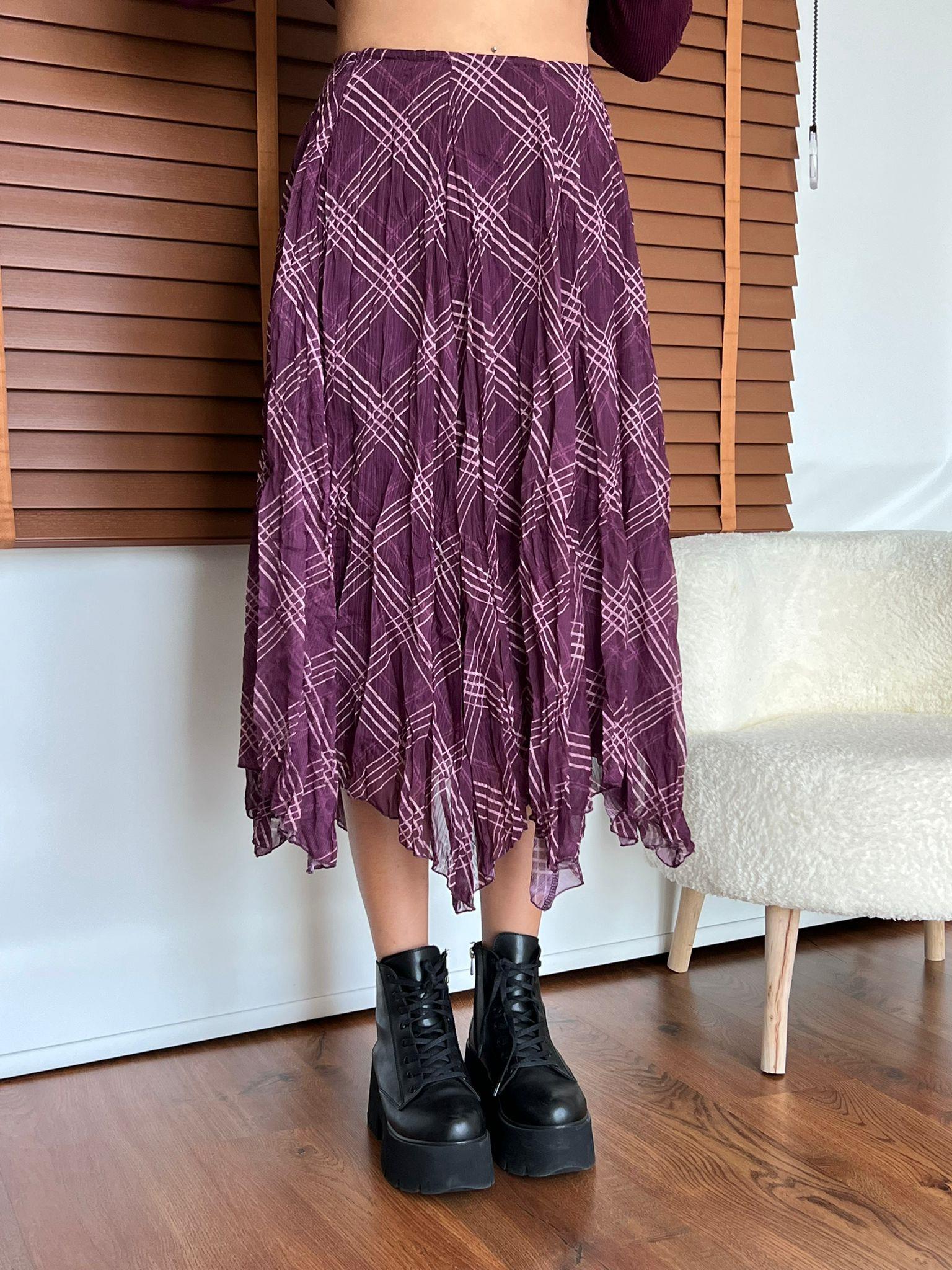 Ekose Desenli Asimetrik Etek 26-2210 Mürdüm