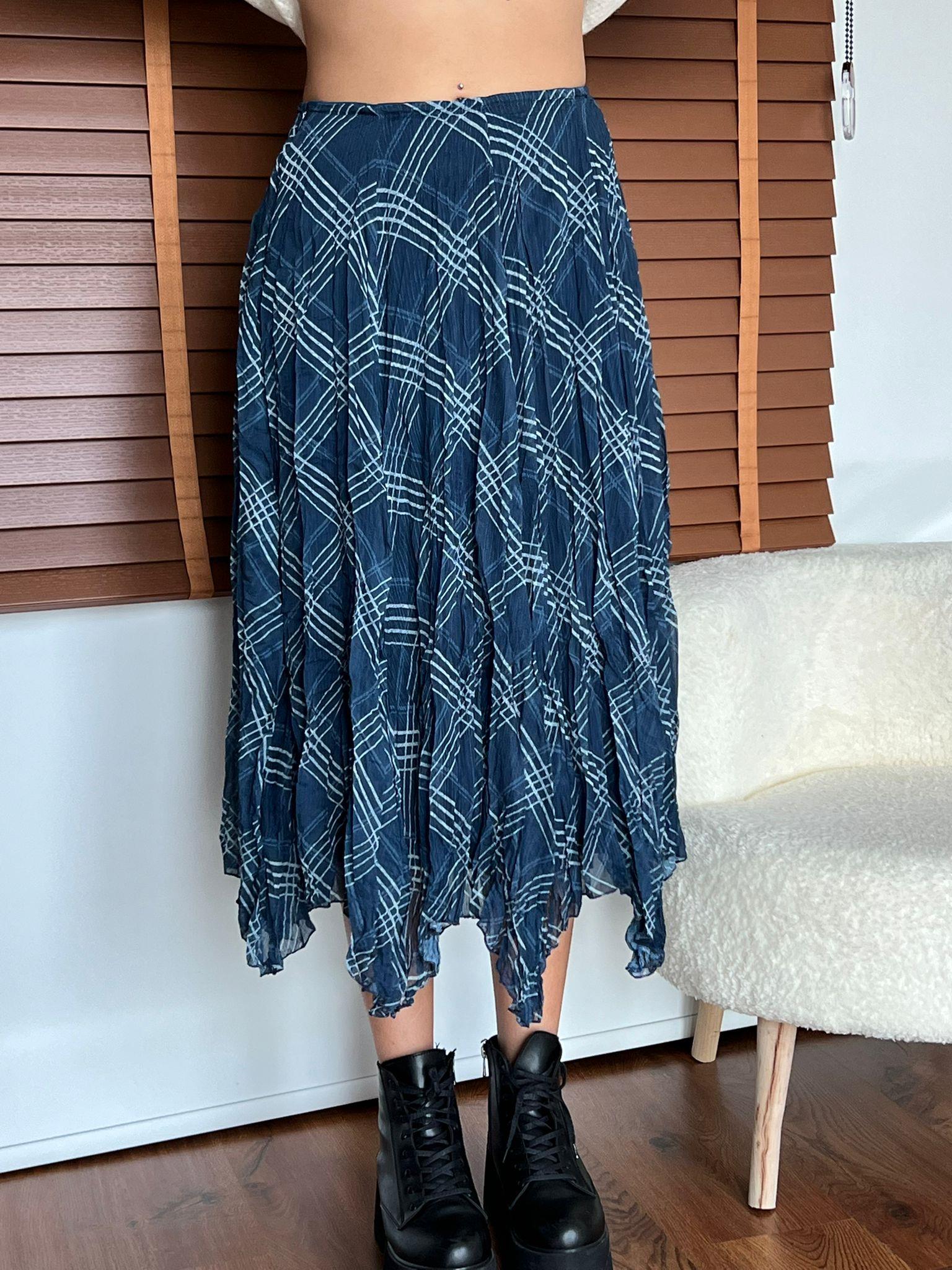 Ekose Desenli Asimetrik Etek 26-2210 Petrol Mavisi