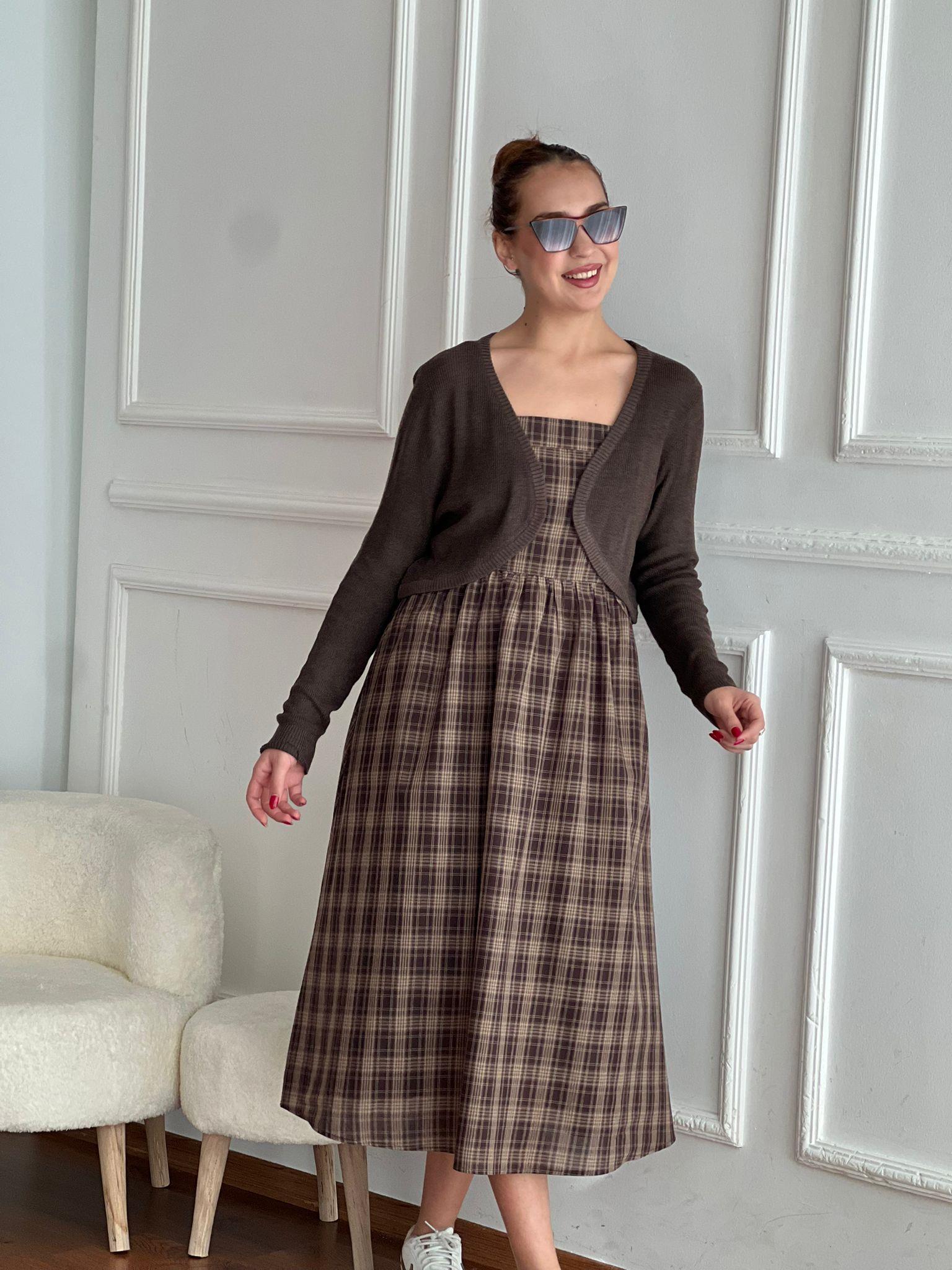 Ekoseli Askılı Bolerolu Elbise 39211 Kahverengi