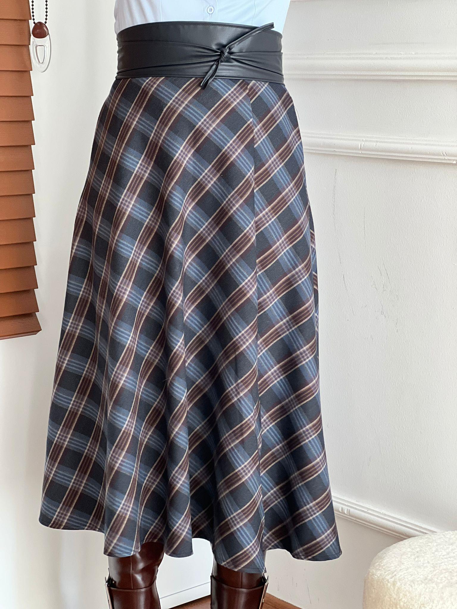 Ekoseli Midi Boy Etek 6727 Lacivert