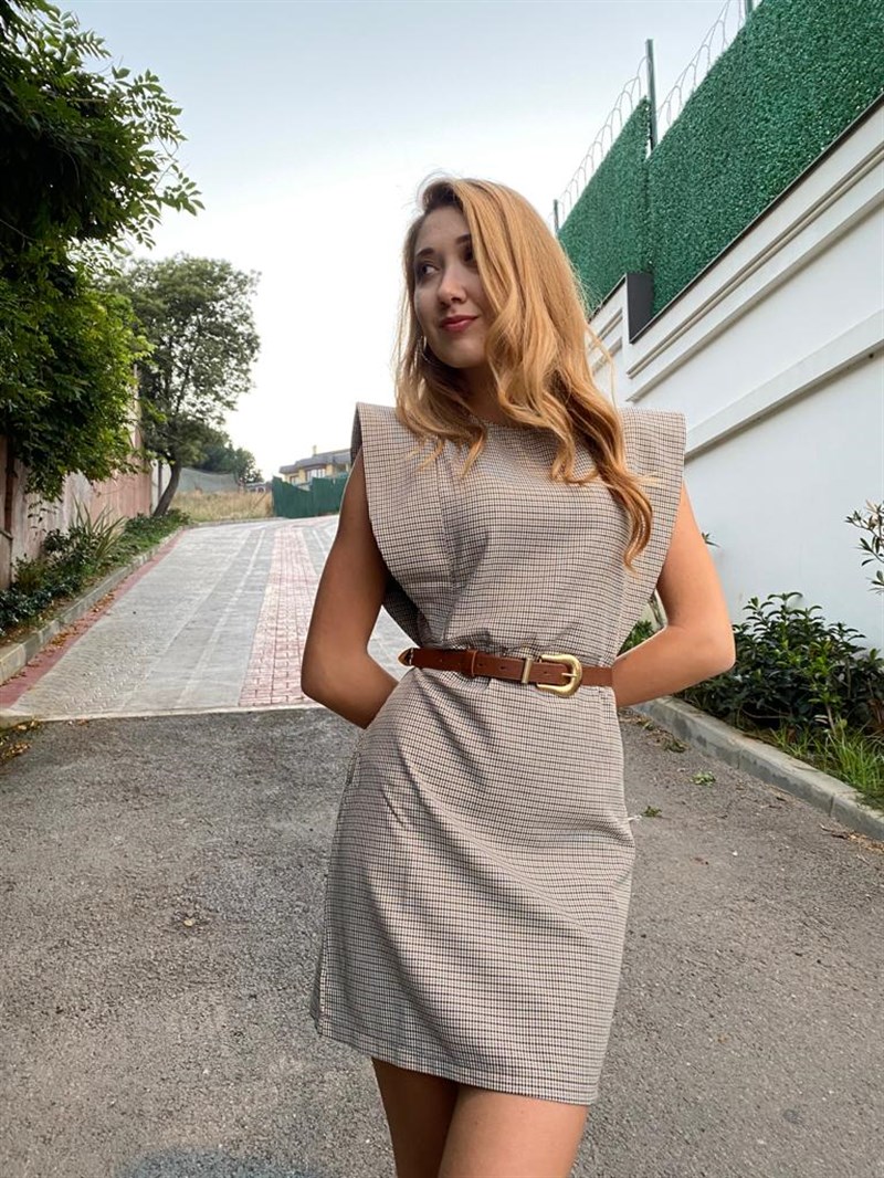 Ekoseli Volanlı Elbise 5361-1384 Camel