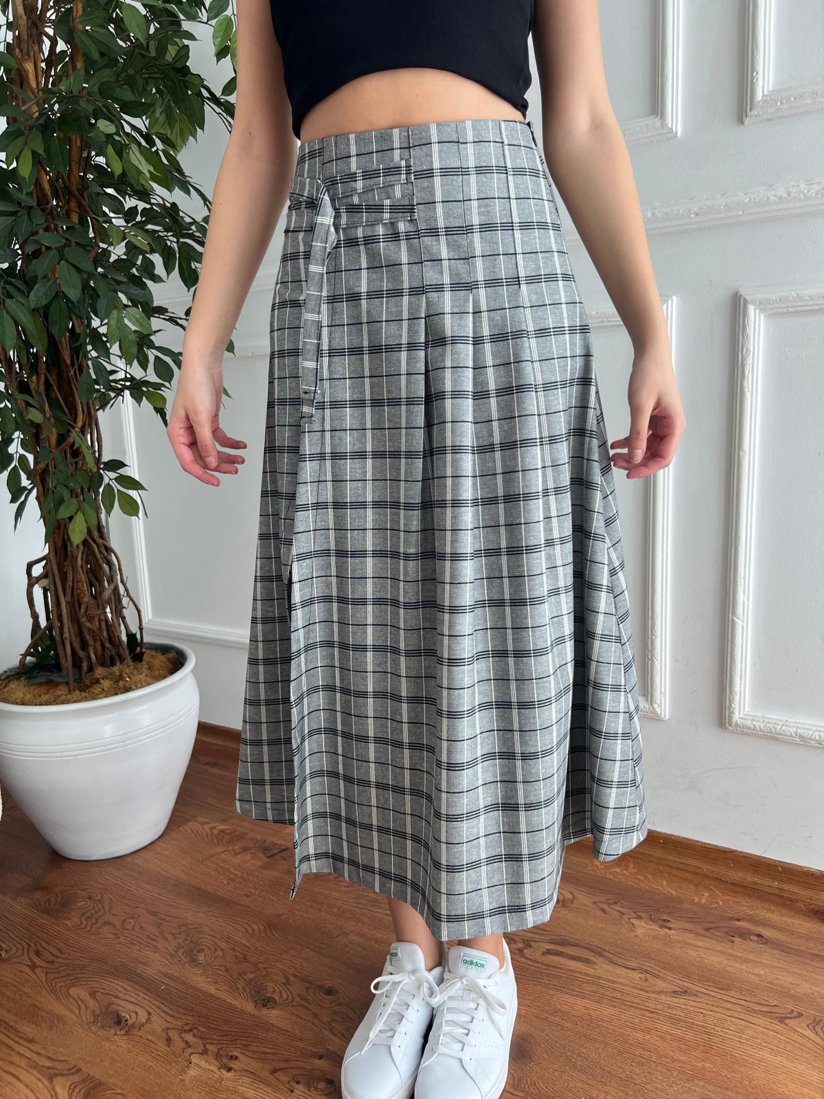 Ekoseli Yırtmaçlı Etek 29767 Gri