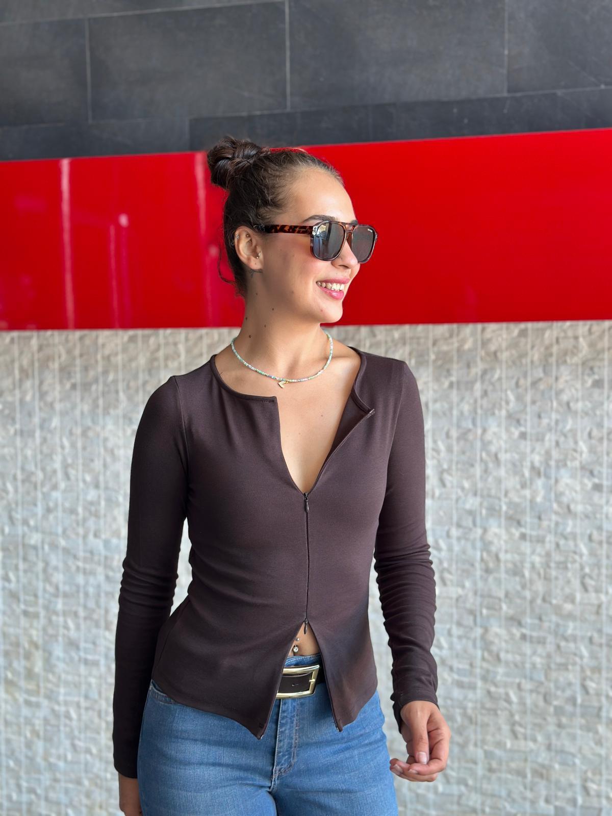 Fermuar Detaylı Uzun Kollu Bluz 31993 Koyu Kahve