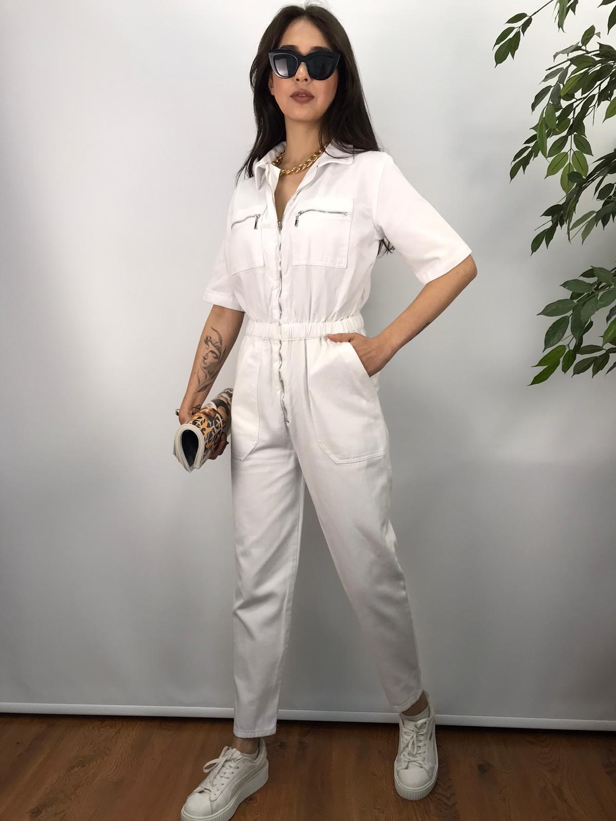 Fermuarlı Kısa Kollu Kot Tulum 21150 Beyaz - İstasyon Giyim