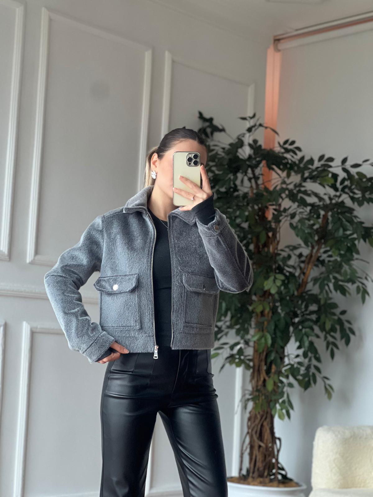 Fermuarlı Kısa Mont 2416670 Gri