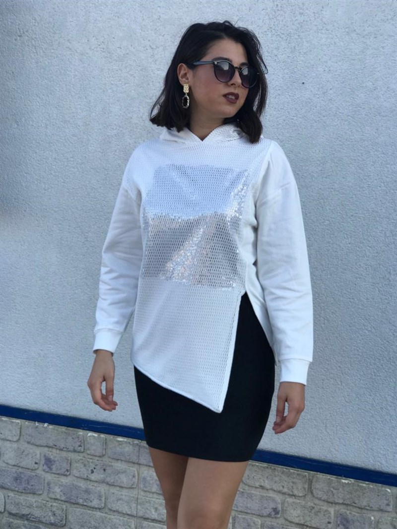Fileli Pul Detaylı Sweat 2254 Beyaz