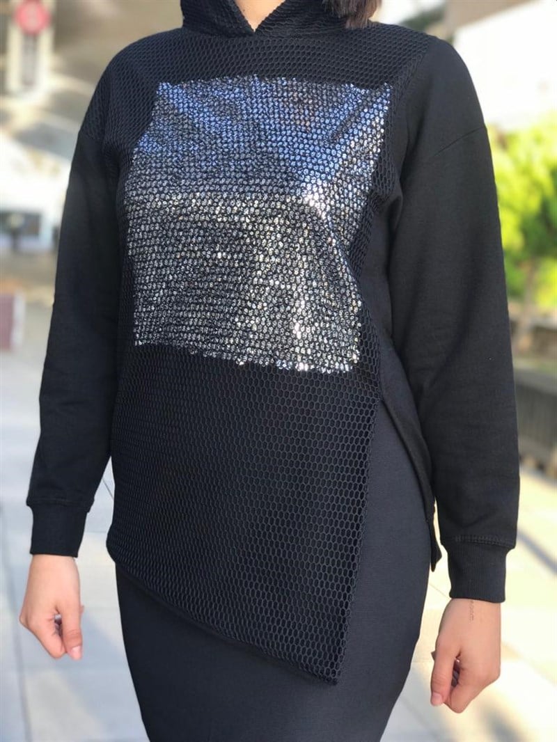 Fileli Pul Detaylı Sweat 2254 Siyah
