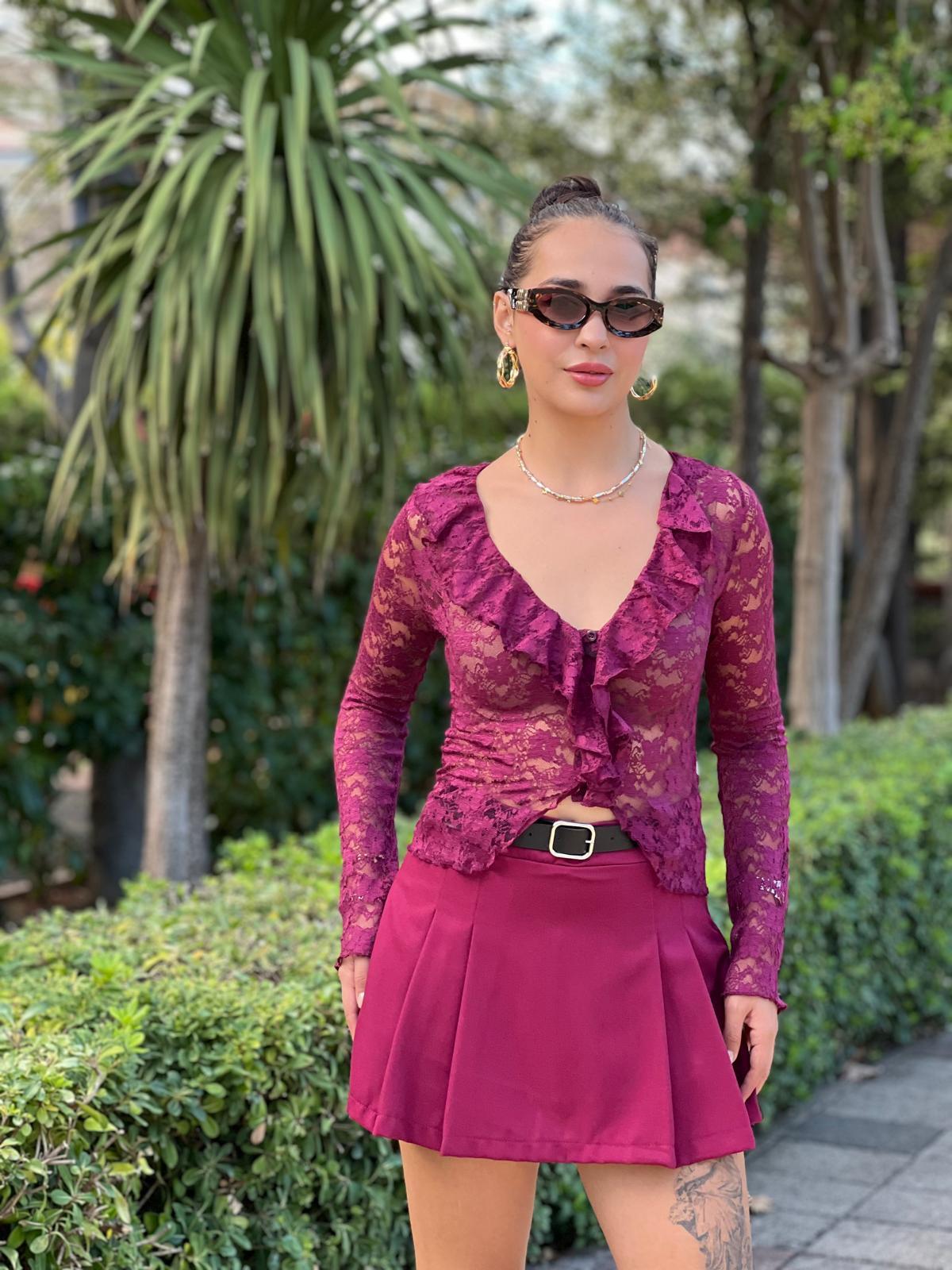 Fırfırlı Dantelli Bluz 6923 Bordo