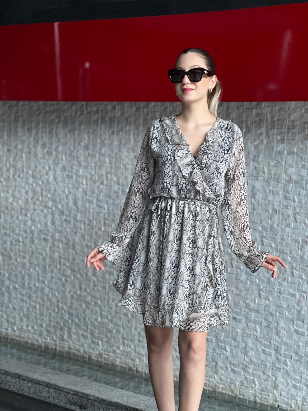 Fırfırlı Yılan Desen Şifon Elbise 29351 Ekru