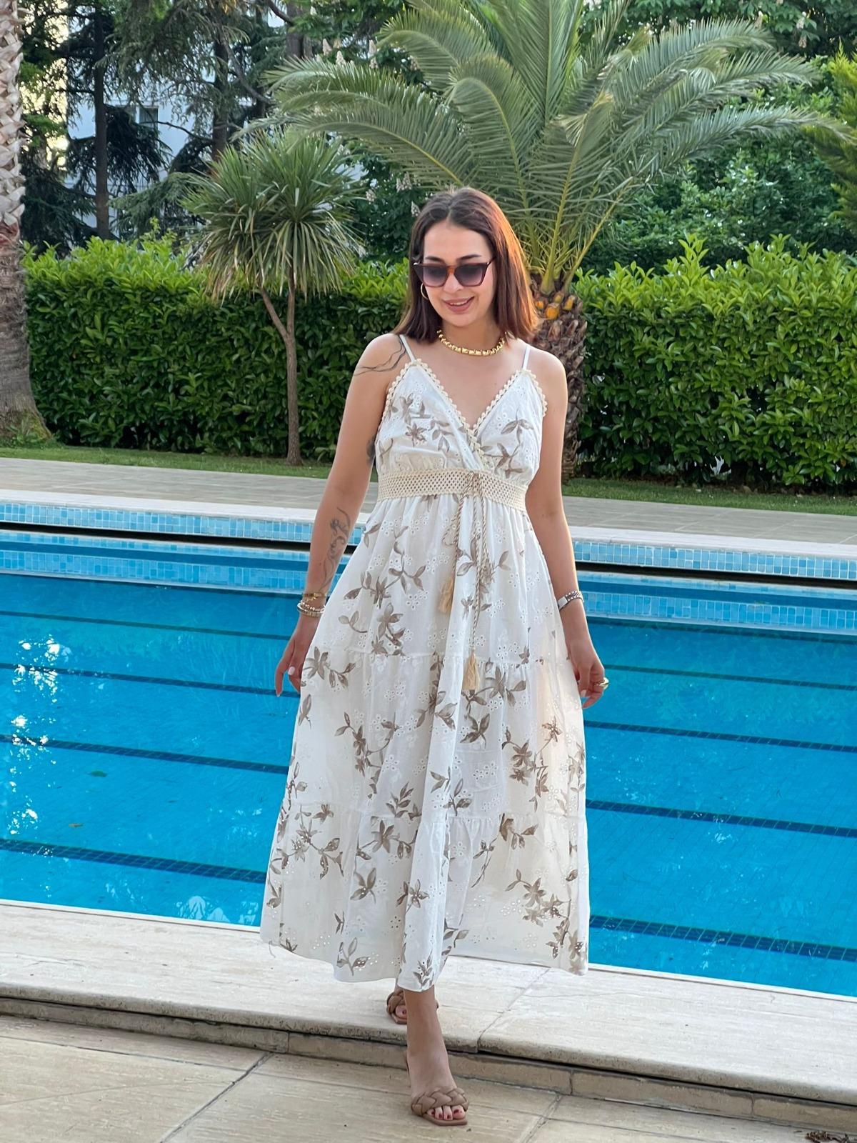 Fistolu Çiçek Desenli Elbise 39878 Vizon
