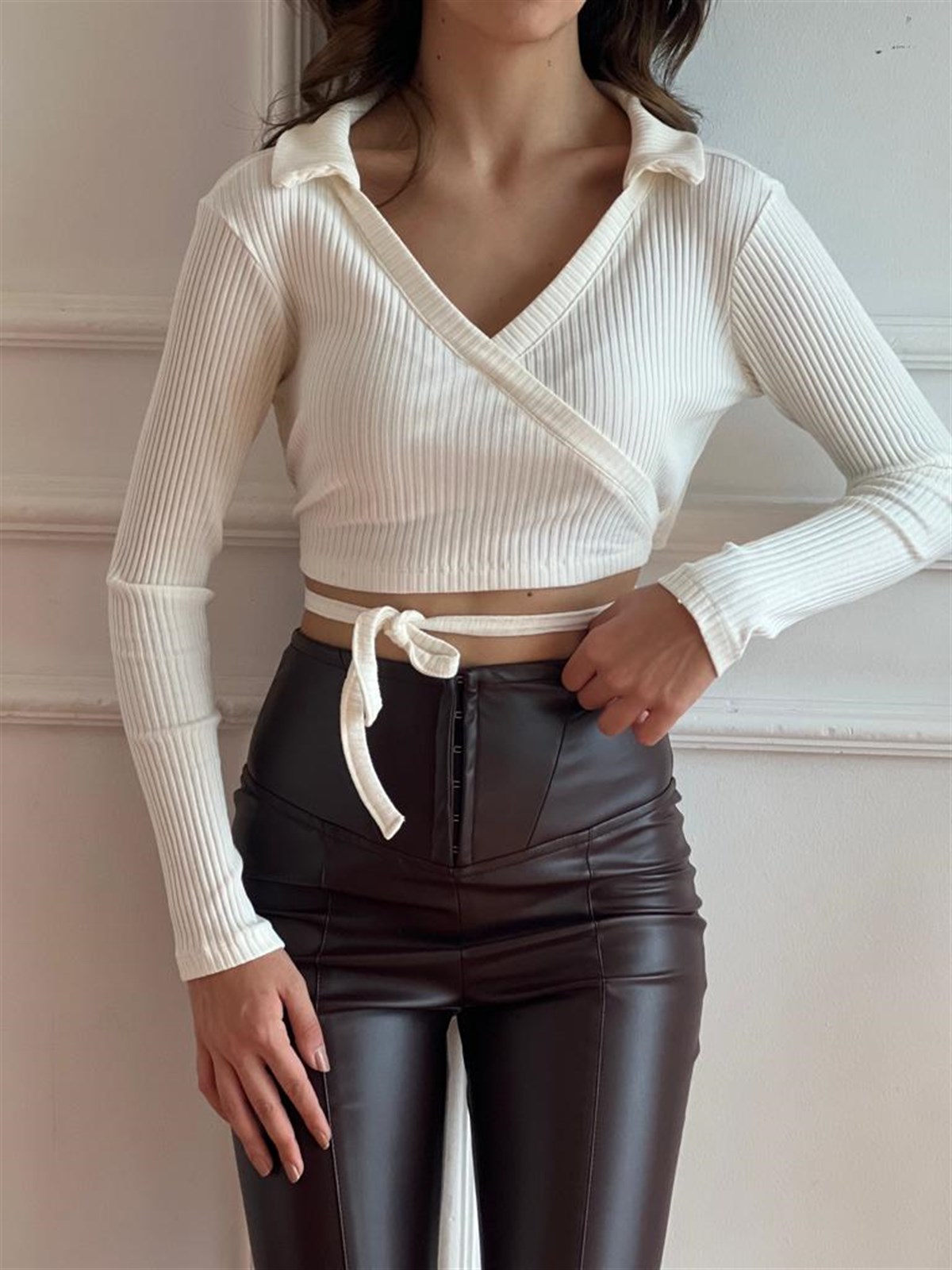 Fitilli Bağlamalı Bluz 7413 Ekru