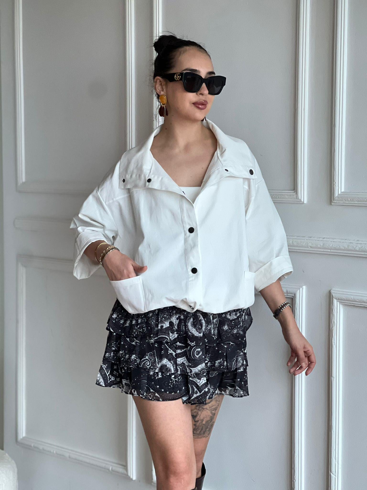 Gabardin Düğmeli Salaş Ceket 4069 Beyaz