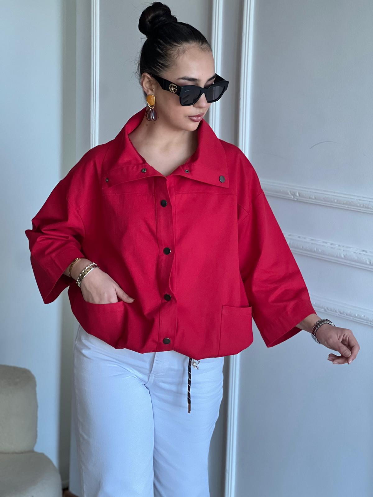 Gabardin Düğmeli Salaş Ceket 4069 Kırmızı