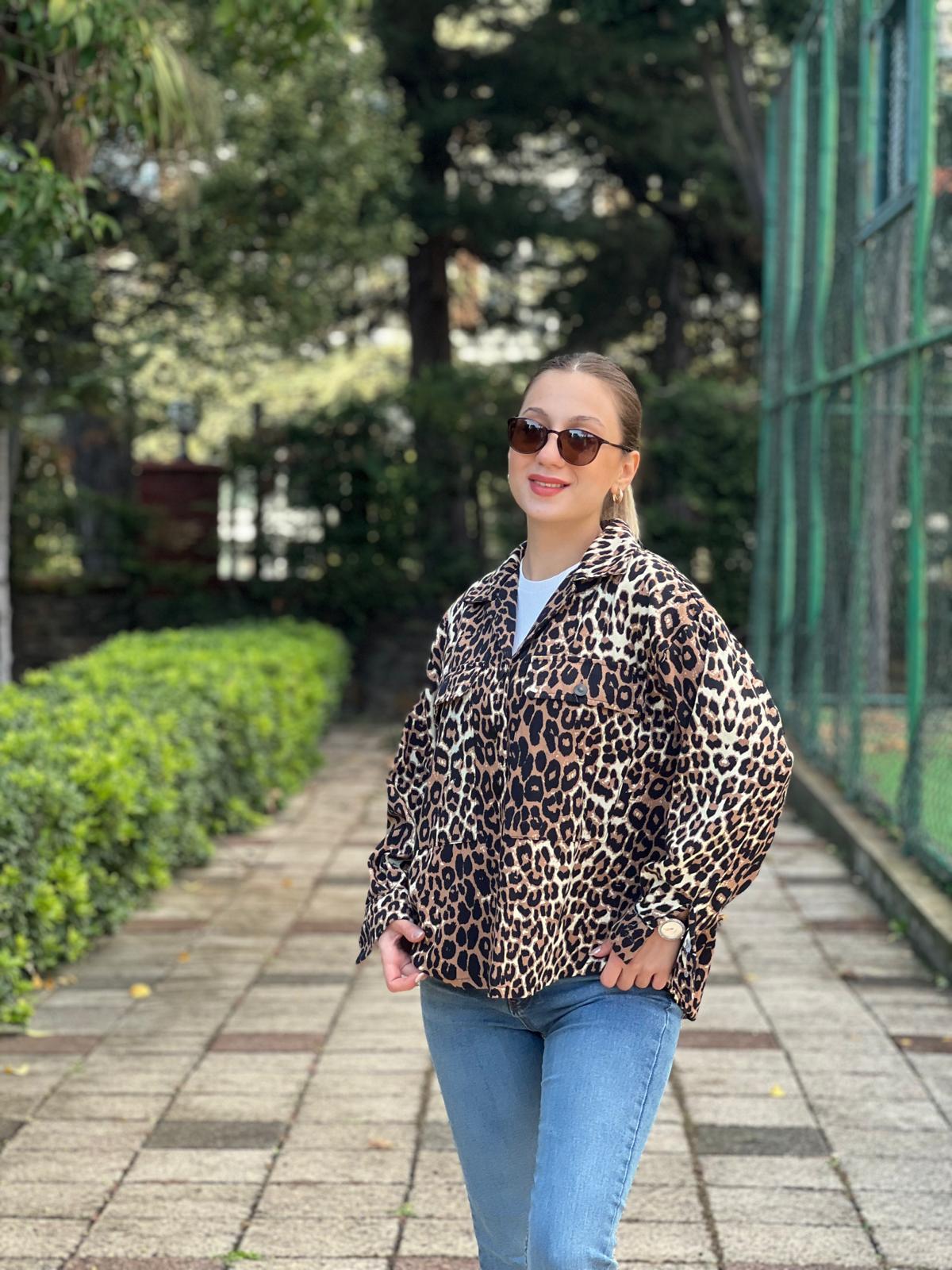 Gabardin Leopar Desen Cepli Gömlek 0826-411 Camel