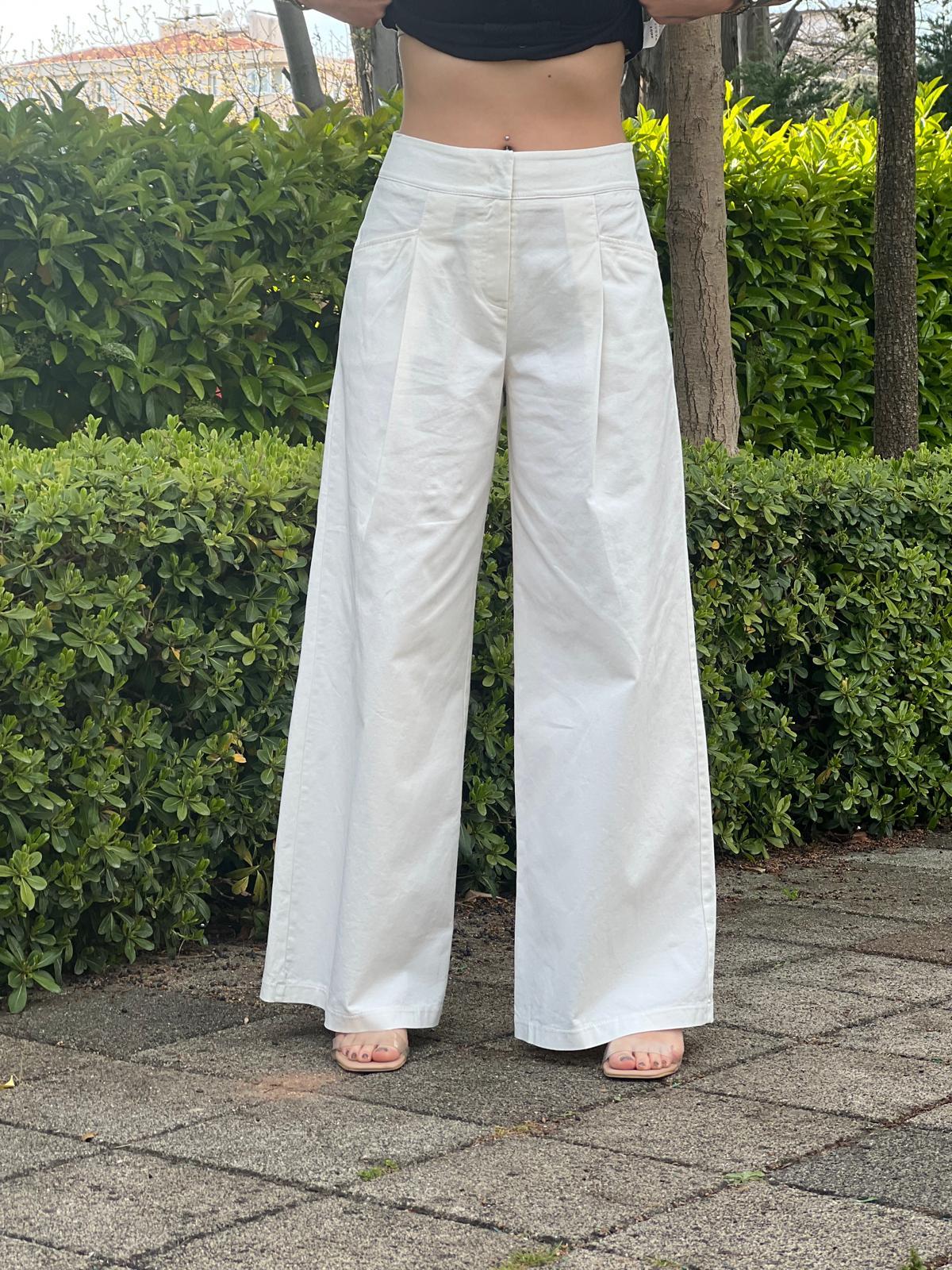 Geniş Paça Pilili Pantolon 72666 Ekru