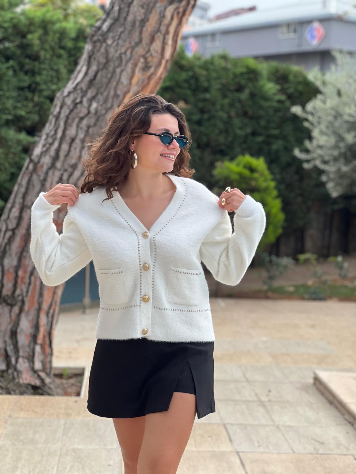 Gold Düğmeli Sim Detaylı Hırka 24420 Ekru